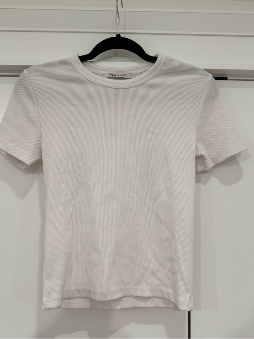 Zara White Ribbed Crewneck Cropped Short Sleeve Tee